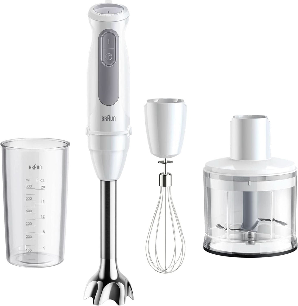 Braun Stabmixer MQ 5200WH - Multiquick 5 Vario Purierstab Mit Edelstahl Mixfuß, 1000 Watt, Inkl. 600 ml Mix- & Messbecher, Bianco/Grau Kitchen Naty Shop Versione 2024 - Schneebesen