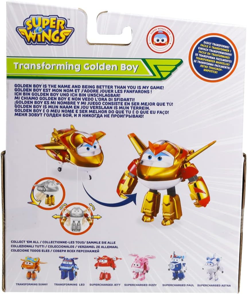 Super Wings EU750231 - Avion transformabil Golden Boy, aprox. 20,5 cm, figurină mare de joacă pentru copii, avion de jucărie transformabil și figurină robot Action figures Naty Shop