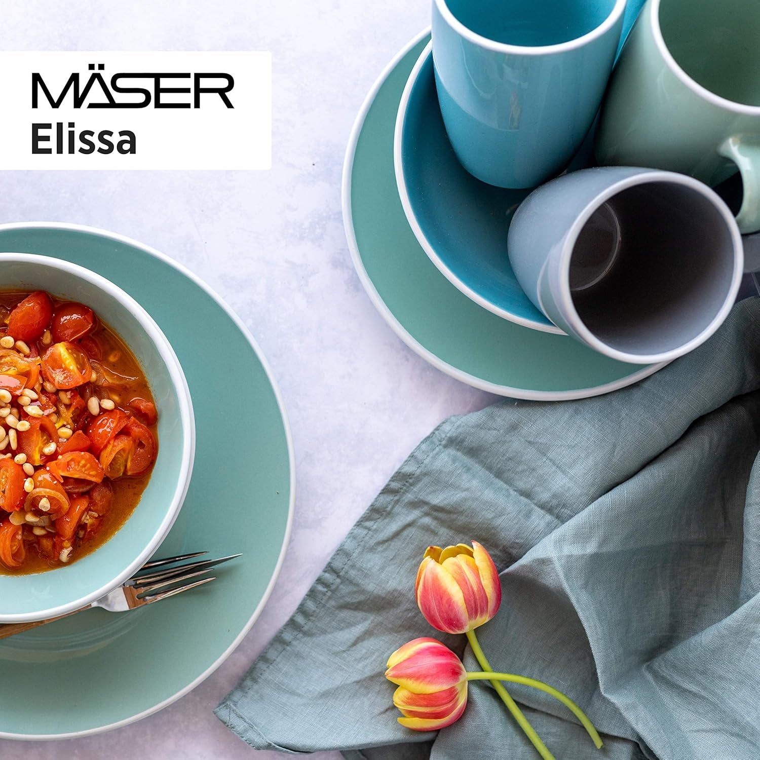 MÄSER 931844 Set de veselă modernă din seria Elissa pentru 6 persoane, albastru cu margine albă, set combinat cu 24 de piese, ceramică