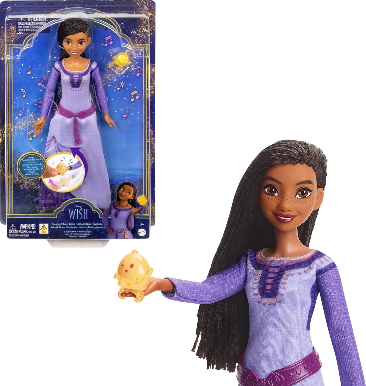 Mattel Disney Wish singende Asha of Rosas Modepuppe & Star Figur, beweglich mit abnehmbarem Outfit, singt "This Wish" in inglese
