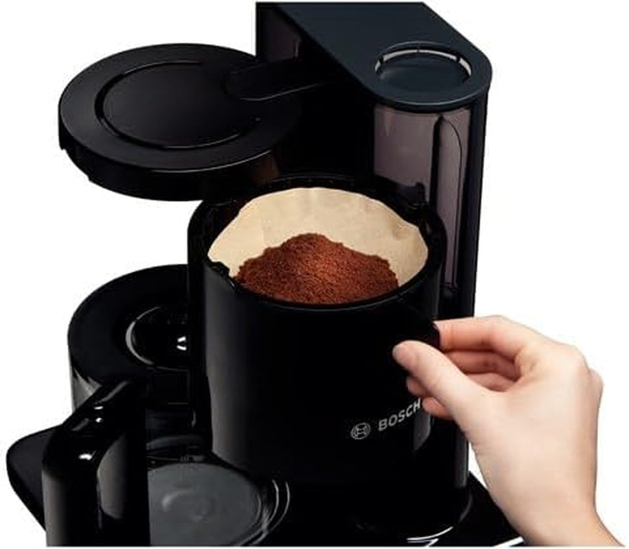 Espressor cu filtru Bosch Styline TKA8013, senzor de aromă, carafă din sticlă cu conservare a aromei 1,25 L, pentru 10-15 cești, oprire automată, sistem de detartrare, sistem anti-picurare, suport pentru filtru rotativ, 1160 W, negru