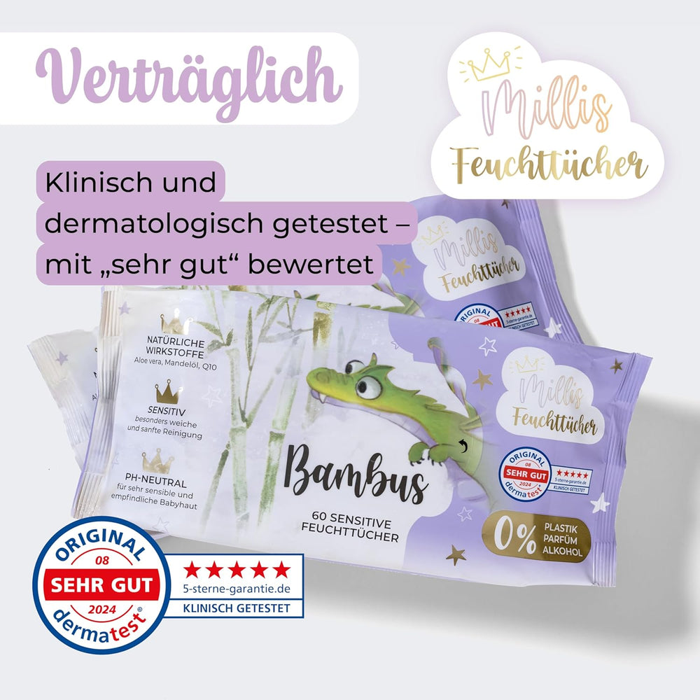 Salviettine umidificate Millis Bamboo Baby Sensitive per la pelle delicata del bambino - 5 x 60 pezzi - Pulizia naturale, delicata e sostenibile - Salviette biodegradabili per neonati, senza plastica e senza alcool