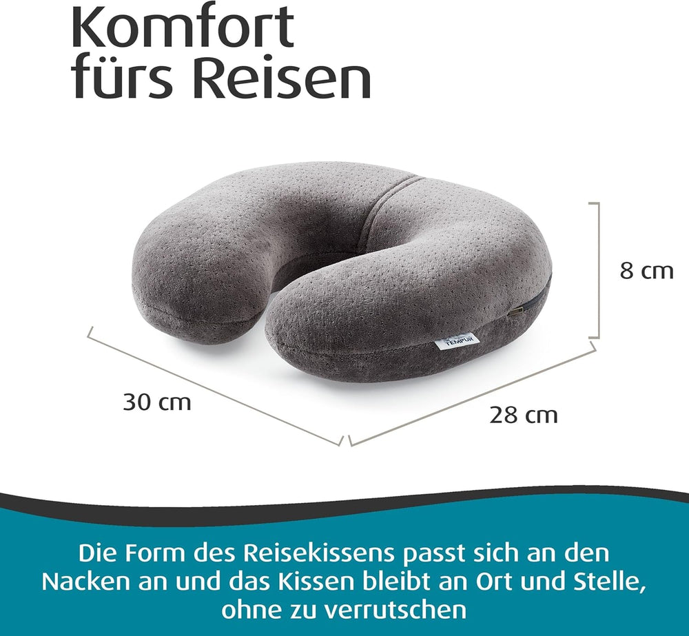 Pernă de călătorie TEMPUR Transit, material confortabil pentru perna de gât, vâscoelastică, ideală pentru călătorii cu autobuzul, trenul, mașina sau avionul, 30 x 28 x 8 cm