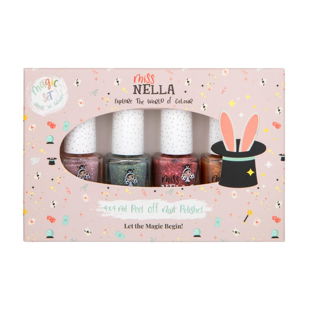 Set di smalti glitterati da 4 pezzi della collezione Miss Nella Magic: rosa, rosso, oro e blu, smalto rimovibile speciale per bambini, non tossico, a base d'acqua, inodore