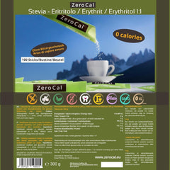 Zerocal - 1:1 (Eritritolo + Stevia) 100 Stick Je 3 G | Ideale per dolcificare caffè, tè e altre bevande Gleiche Süßkraft Von Zucker | Senza glutine, vegano, senza OGM | Kalorien und GI = 0 Dolcificanti Naty Shop