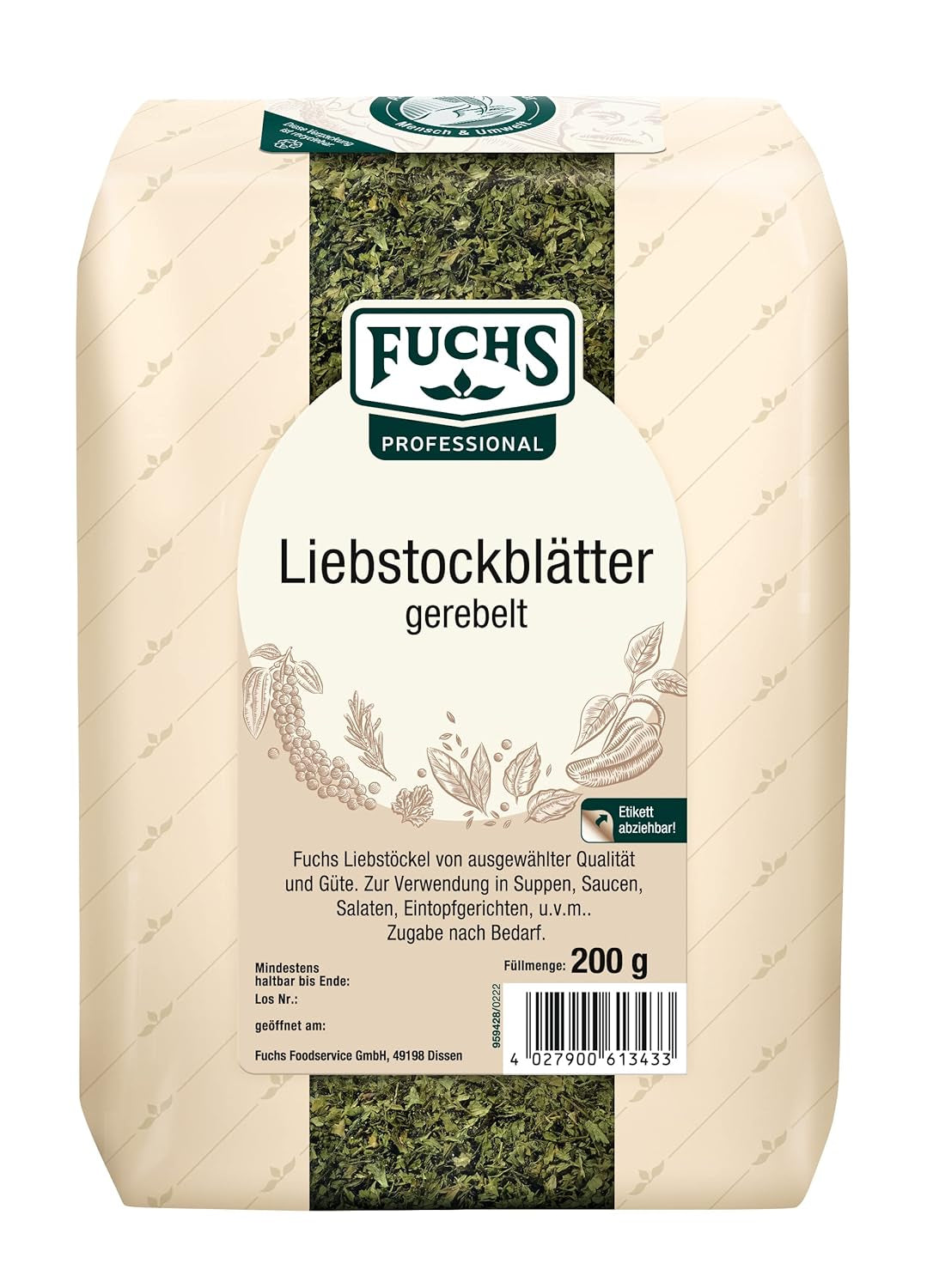 - Liebstockblätter gerebelt | Für salzarme Küche geeignet, passt zu Eintöpfen oder Salaten | Qualità professionale per grossi verbi | Sacco riciclabile da 0,25 kg
