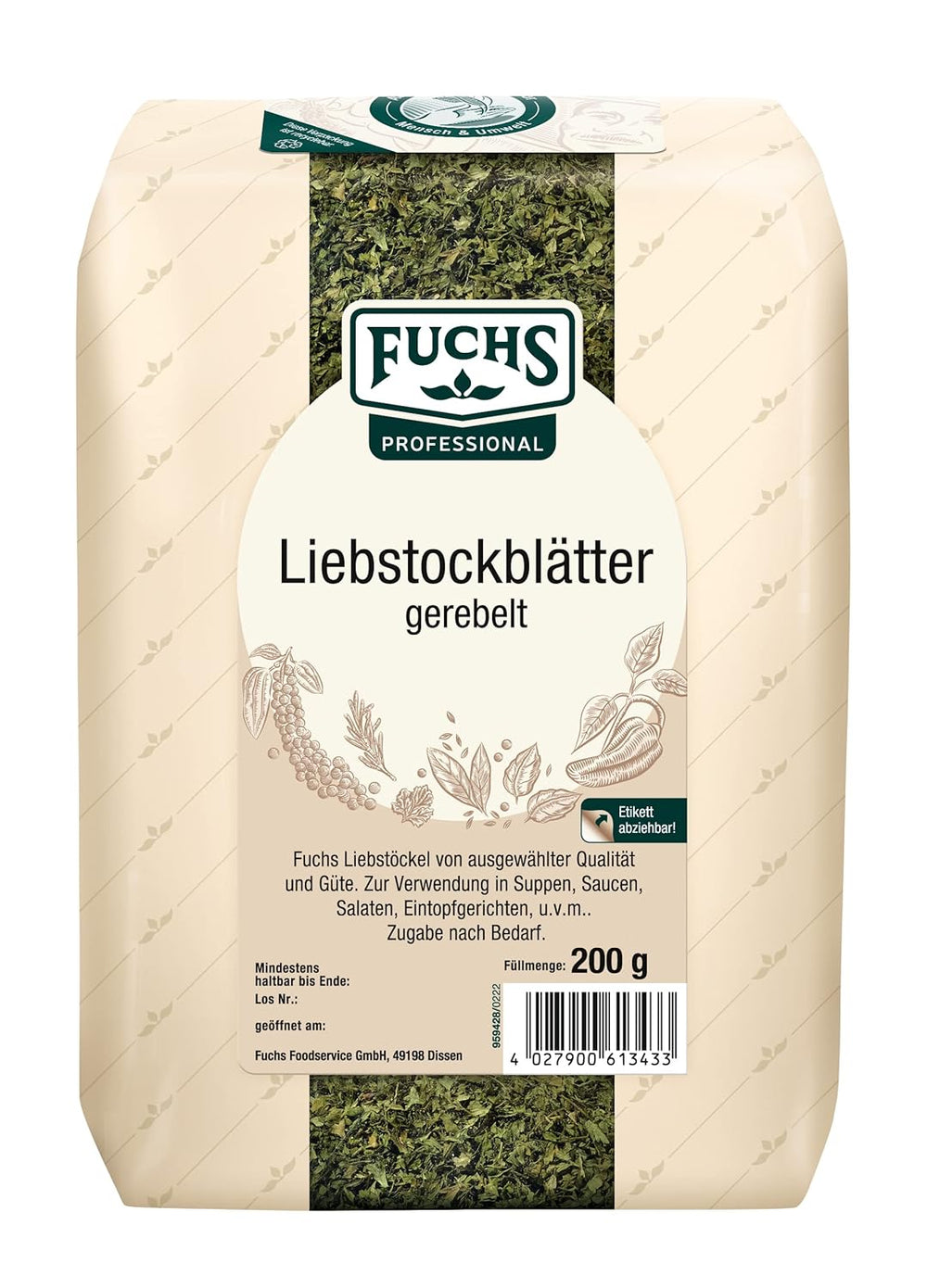 - Liebstockblätter gerebelt | Für salzarme Küche geeignet, passt zu Eintöpfen oder Salaten | Qualità professionale per grossi verbi | Sacco riciclabile da 0,25 kg