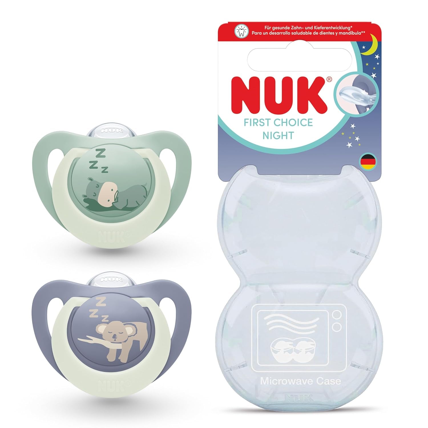 Suzete NUK First Choice Night pentru bebeluși | 6-18 luni | Suzete ortodontice care strălucesc în întuneric | Calmează 99% dintre bebeluși** | Hipopotam/Koala | Pachet de 2