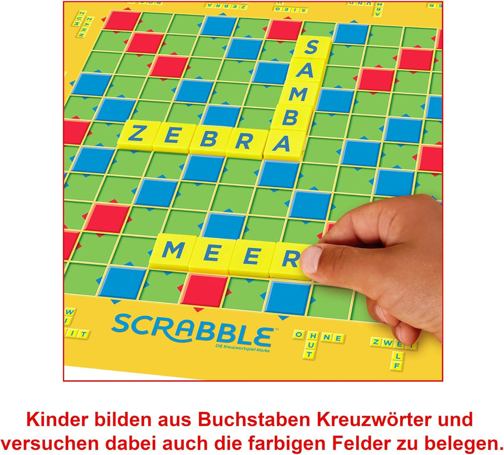 Mattel Games Scrabble Junior - Joc de cuvinte și joc pentru copii, Joc de societate potrivit pentru 2-4 copii cu vârsta de 6 ani și peste, Designul poate varia, Versiune germană, Y9670