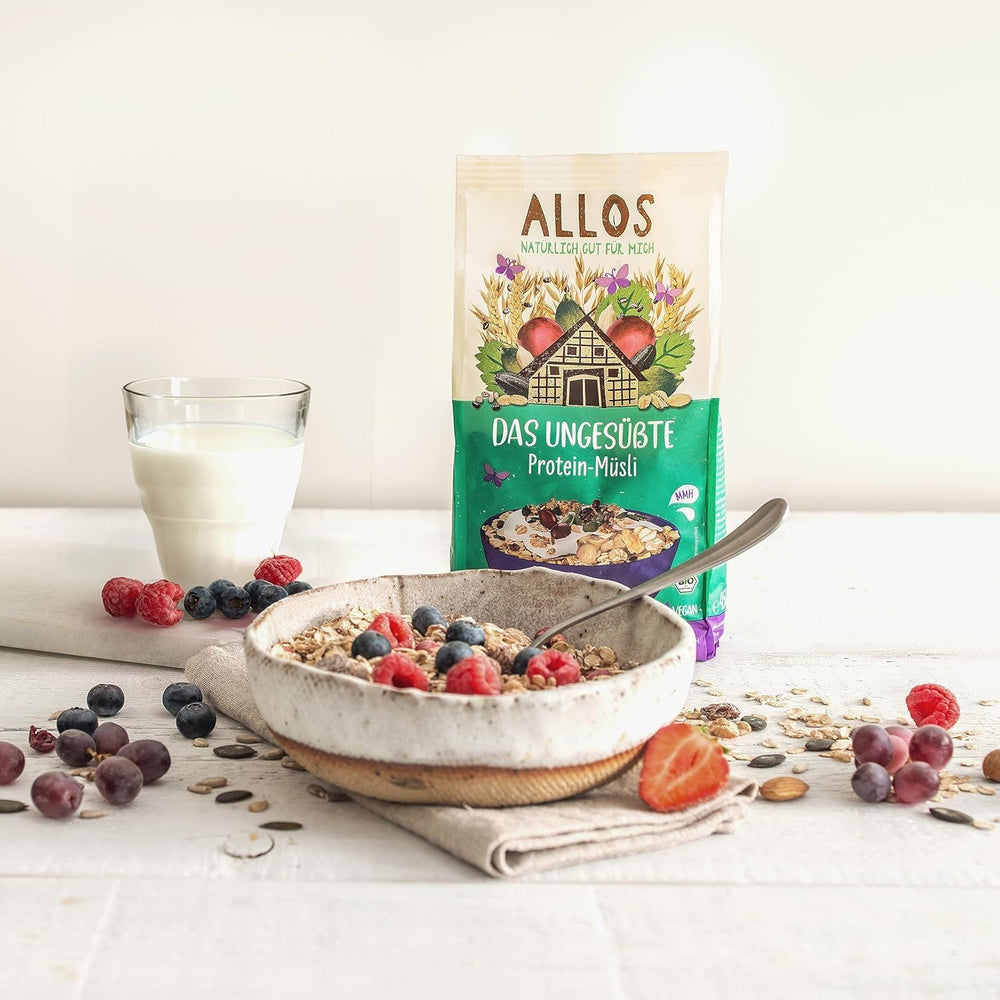 Allos muesli proteico non zuccherato | Muesli biologico | Farina d'avena | Cereali per la colazione | Vegano (5 x 450 g), 1 pezzo (confezione da 5)