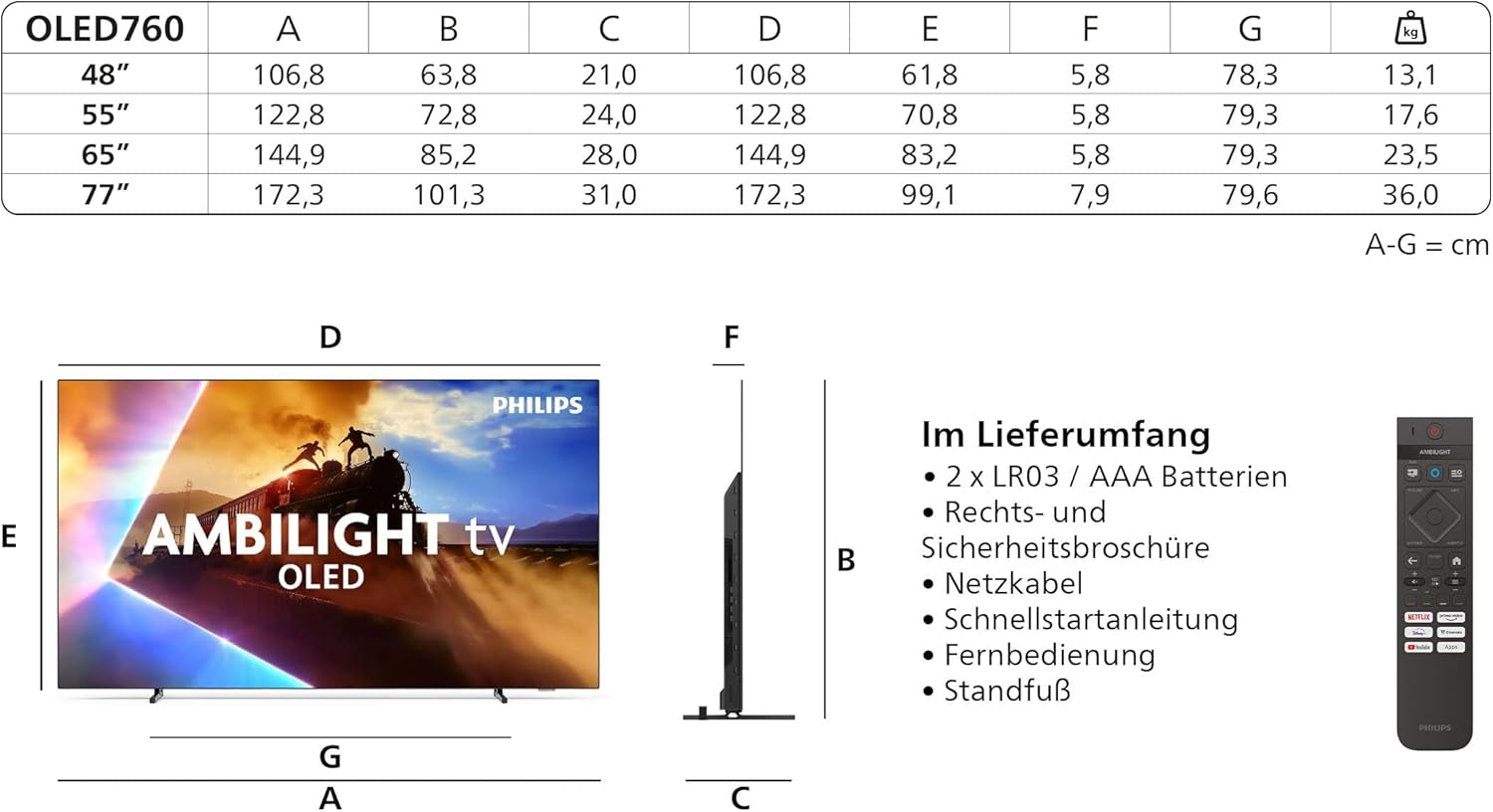 Televizor inteligent OLED 4K Philips Ambilight 48OLED760 - ecran de 48 de inci cu motor P5 AI Perfect Picture, Ultra HD, sistem de operare Titan, Dolby Vision și sunet Atmos - Funcționează cu Alexa și Google Assistant