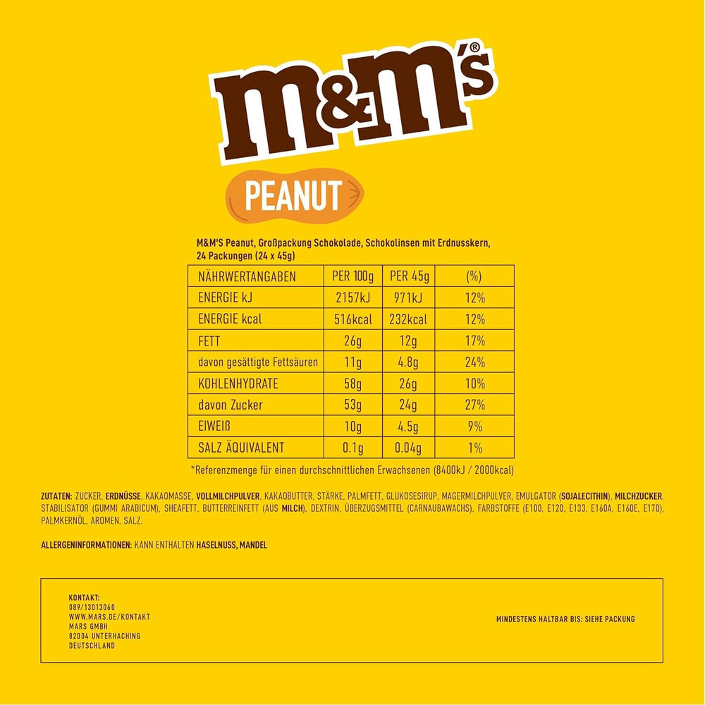 M&M's Confezione sfusa di cioccolato alle arachidi 24 x 45 g di lenticchie al cioccolato aromatizzate alle arachidi regalo al cioccolato (1080 g) ideali come dolcetto a tema calcistico