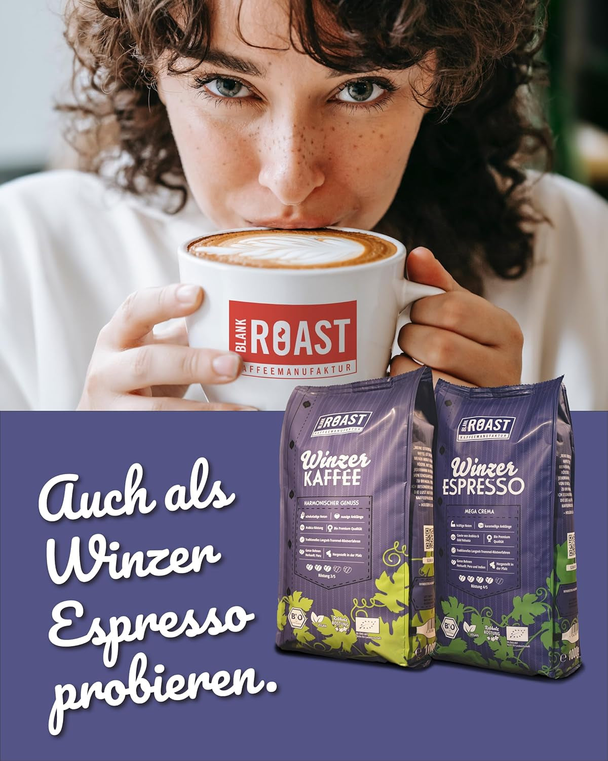 Blank Roast - BIO Winzer Kaffee 1000g - schonend mit Pfälzer Rebholz geröstet - ganze Kaffee-Bohnen aus Peru - 100% Arabica Röstung - schokoladig & nussig - säurearm