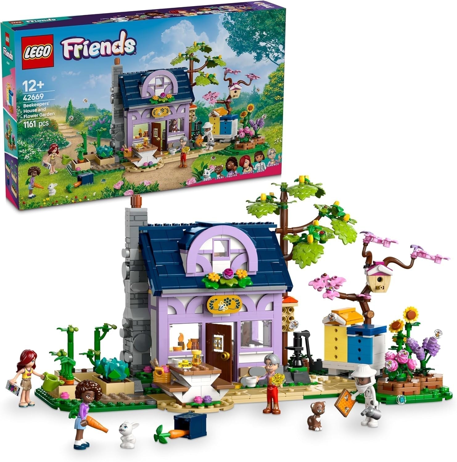 LEGO Friends Casa e giardino fiorito L'apicoltore, set da costruzione, set da gioco natura, regalo per ragazze 12+, set di modelli costruibili, 4 minifigure e figure di animali, gatto e coniglio 42669 Set da costruzione Besuche den LEGO-Store Titolo predefinito