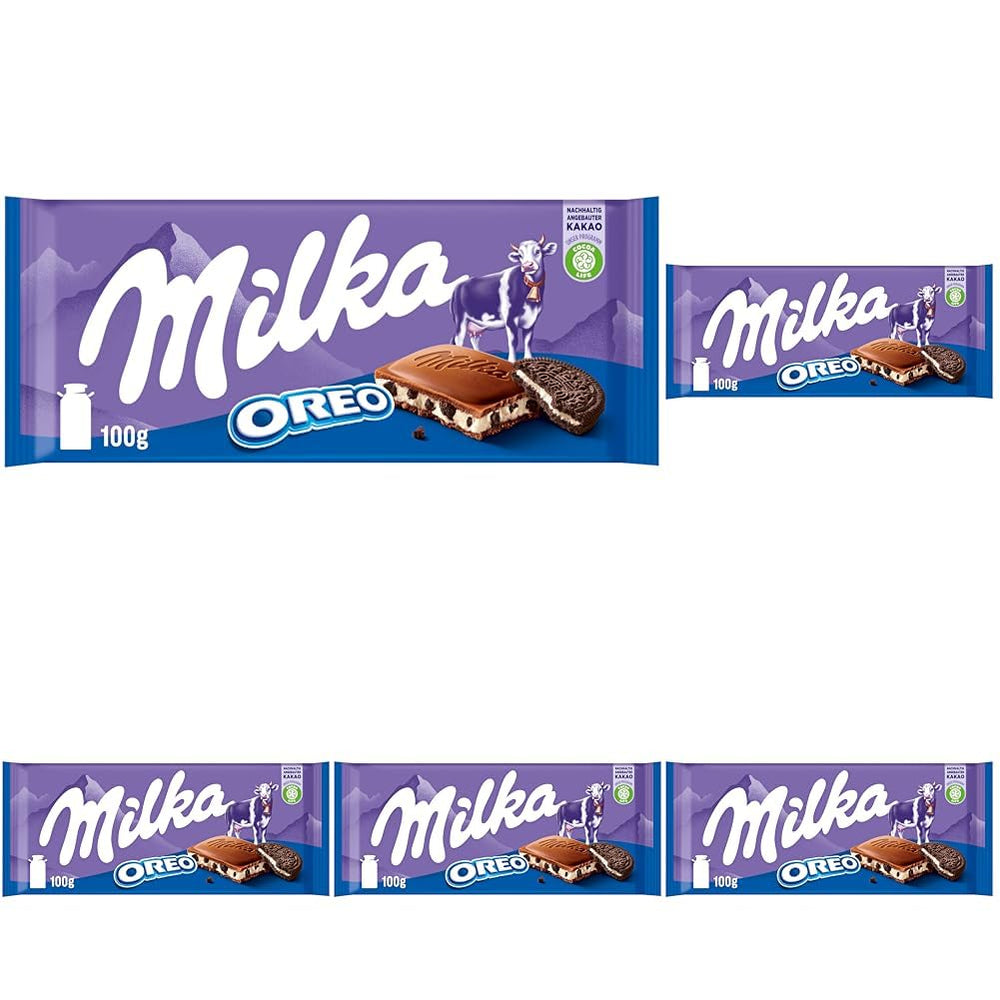 Milka Oreo – Cioccolato al latte alpino ripieno di croccanti pezzi di biscotti Oreo e morbida crema alla vaniglia – 100g