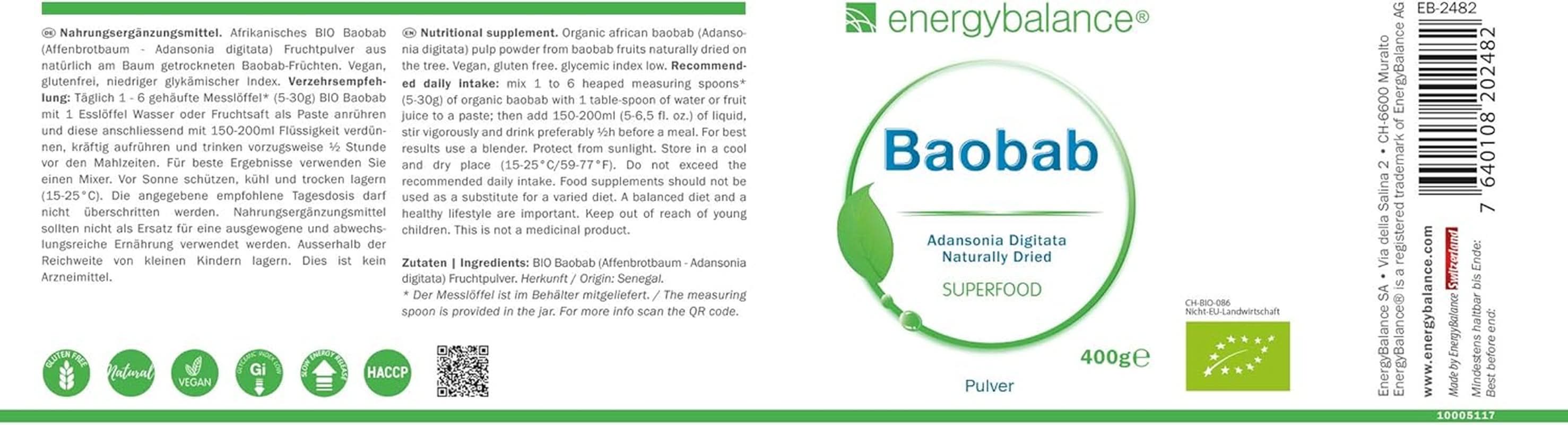 Baobab in polvere biologica - vitamina C, calcio, magnesio, potassio, 400 grammi Aromas Naty Shop