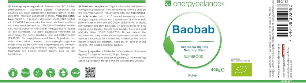 Baobab in polvere biologica - vitamina C, calcio, magnesio, potassio, 400 grammi Aromas Naty Shop