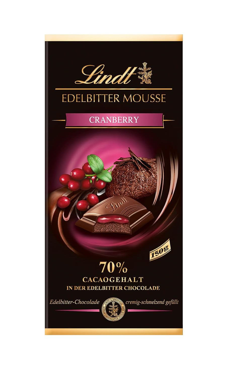 Mousse al cioccolato fondente Lindt con peperoncino e ciliegie | Barretta 150g | Con il 70% di cacao e ripieno di mousse al cioccolato fondente e ciliegia e peperoncino | Tavoletta di cioccolato | Cioccolato fondente
