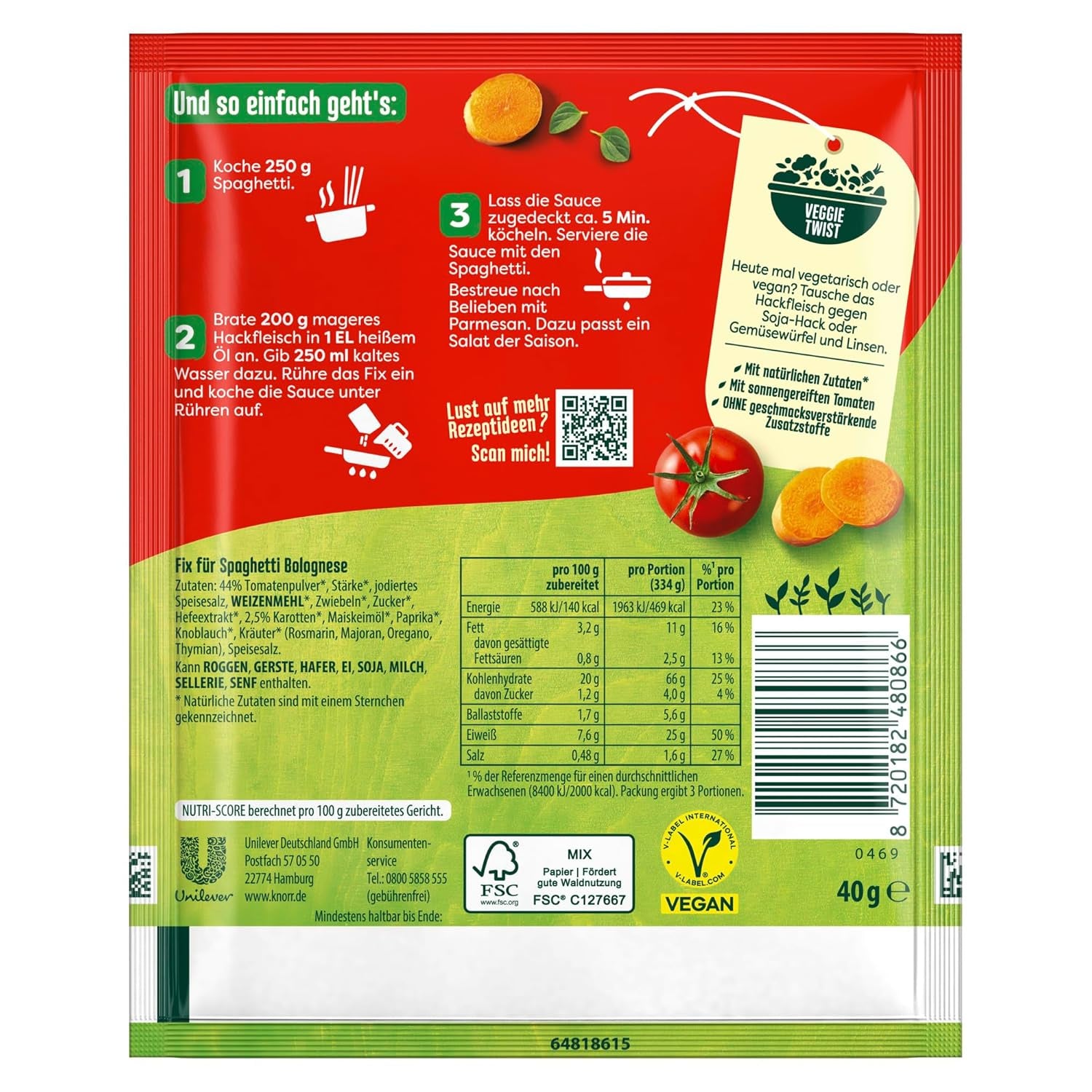 Knorr Fix Würzmischung Spaghetti alla Bolognese per un delizioso piatto di pasta con ingredienti naturali 40 g