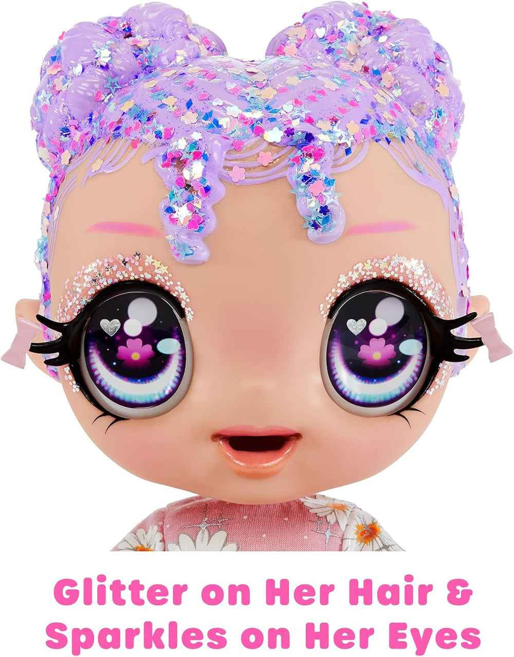 MGA Glitter Babyz - LILA WILDBLOOM - Bambolina con 3 magici cambi di colore attraverso l'acqua ghiacciata - con capelli lilla glitterati, vestito a fiori selvatici, pannolino, biberon e ciuccio - per bambini dai 3 anni