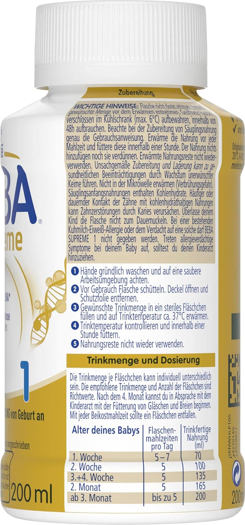 BEBA Nestlé BEBA SUPREME 1 Latte per lattanti: biberon pronti da bere con Omega 3, 1 confezione (1 x 200 ml)