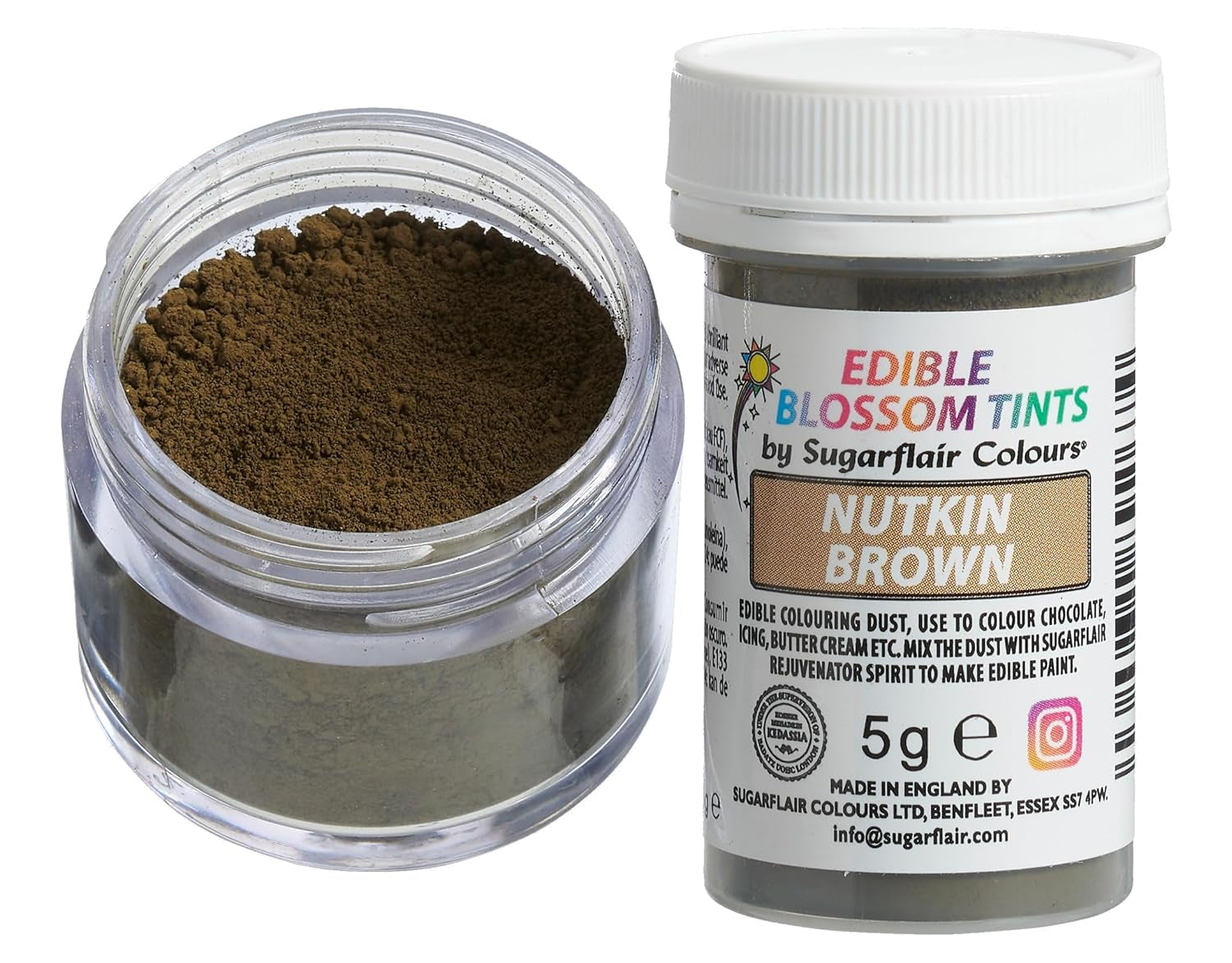 Pudră de colorant alimentar Sugarflair Blossom Tint Dust Nutkin Brown - Pudră de colorant alimentar pentru decoruri de tort, pastă de zahăr, fondant, glazură, ciocolată, cremă de unt, macarons și multe altele - 5g