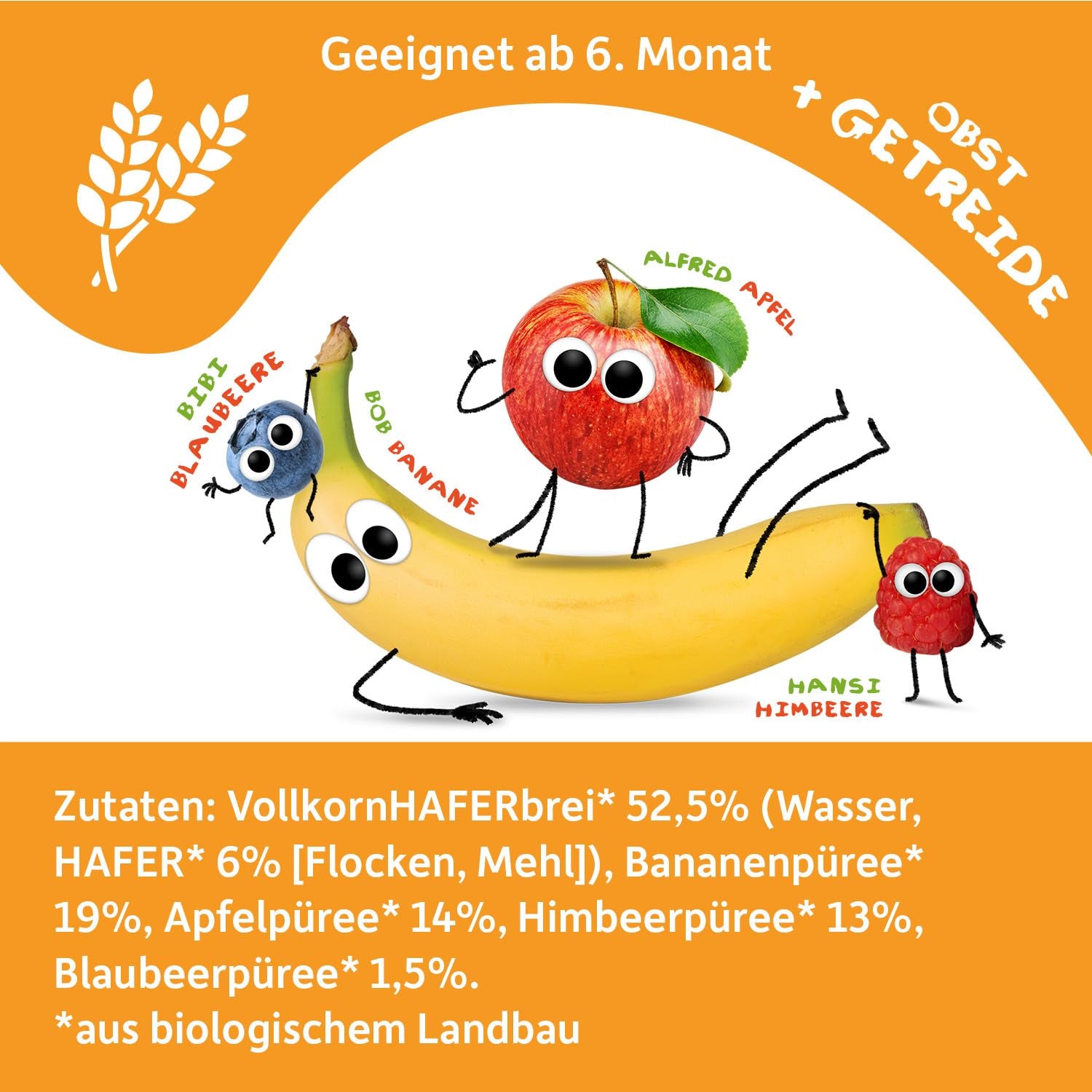 FRECHE FREUNDE sacchetto di frutta biologica banana, mela, lampone, mirtillo con avena, purea di frutta con cereali in sacchetto comprimibile per bambini a partire da 6 mesi, vegano, confezione da 6 (6 x 100 g)