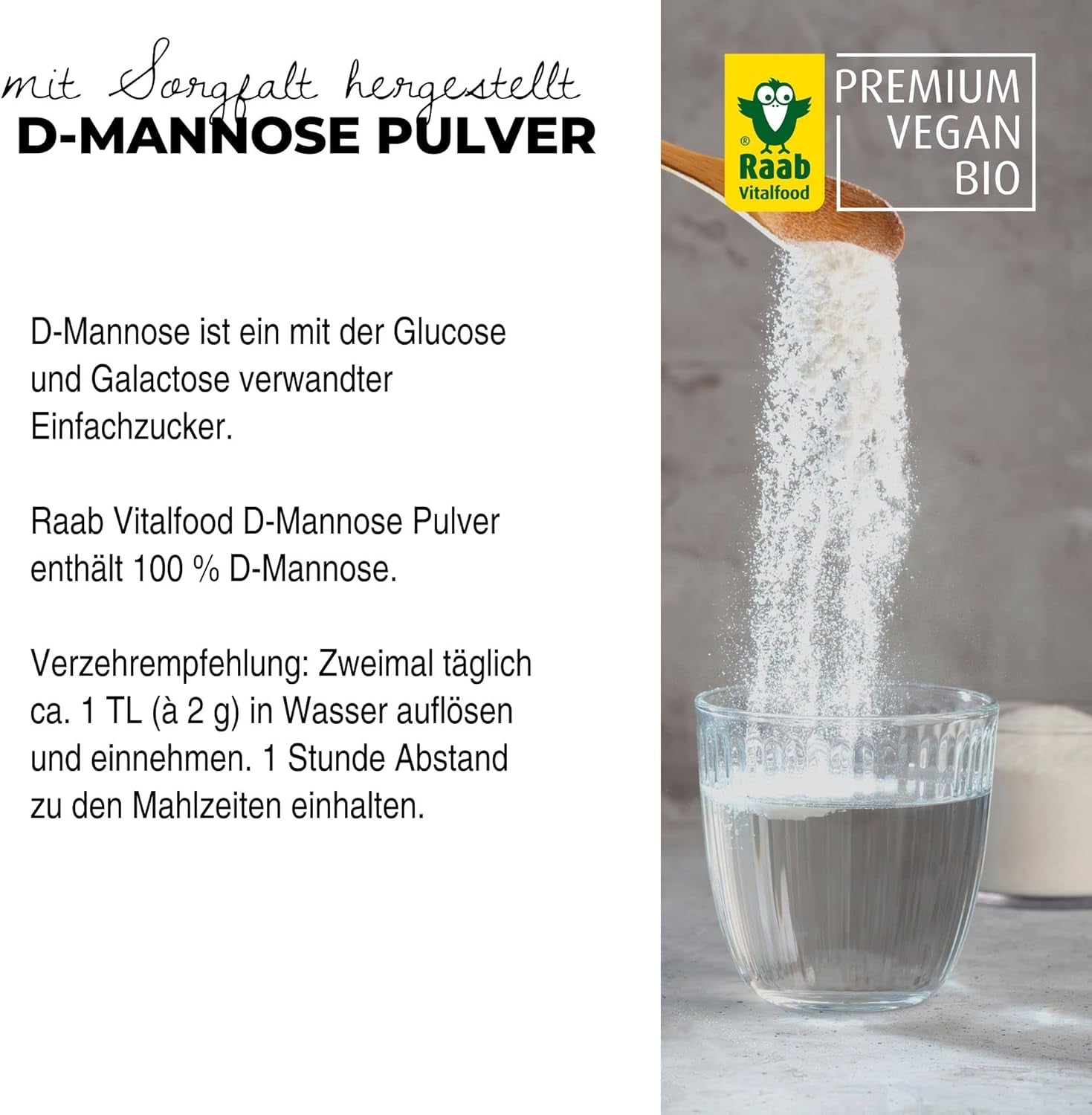 Raab Vitalfood® D-Mannosio in polvere (220 G) - Frei Von Zusätzen, Vegan, Glutenfrei, Gut Löslich, Mit Meßlöffel in Der Dose, Vorratspackung, 100% D-Mannosio (Gewonnen Aus Mais) Dolcificanti Naty Shop