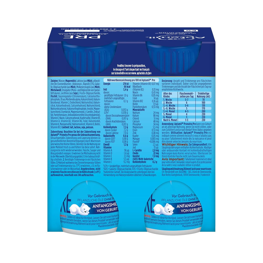 Aptamil Pronutra Pre - Latte per lattanti dalla nascita - Con oli vegetali, senza olio di palma - 6 x 4 x 200 ml (4800 ml)