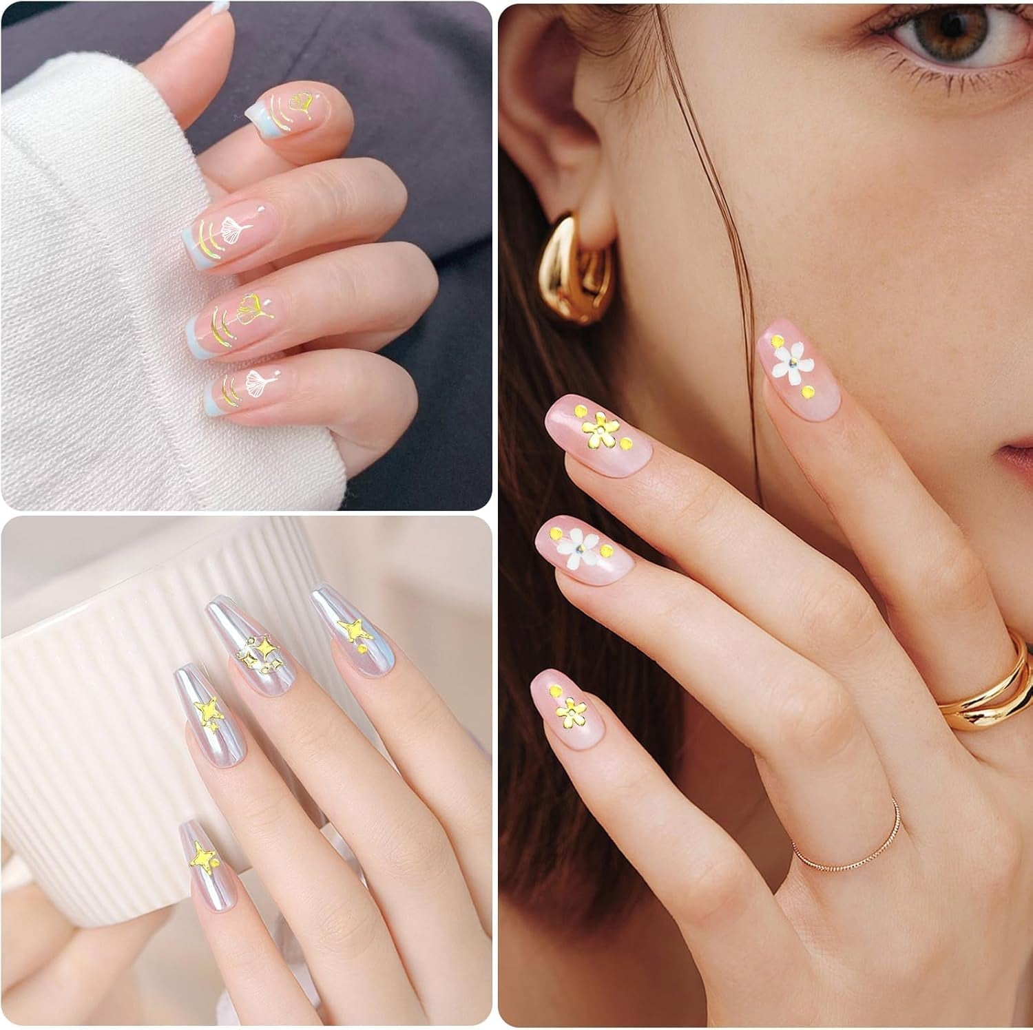 3D Nagelsticker Aurora 30 Blatt Gold Nail Art Sticker Selbstklebend Nagelaufkleber Holografisches Stern Herz Dekoration Nageldesign Zubehör