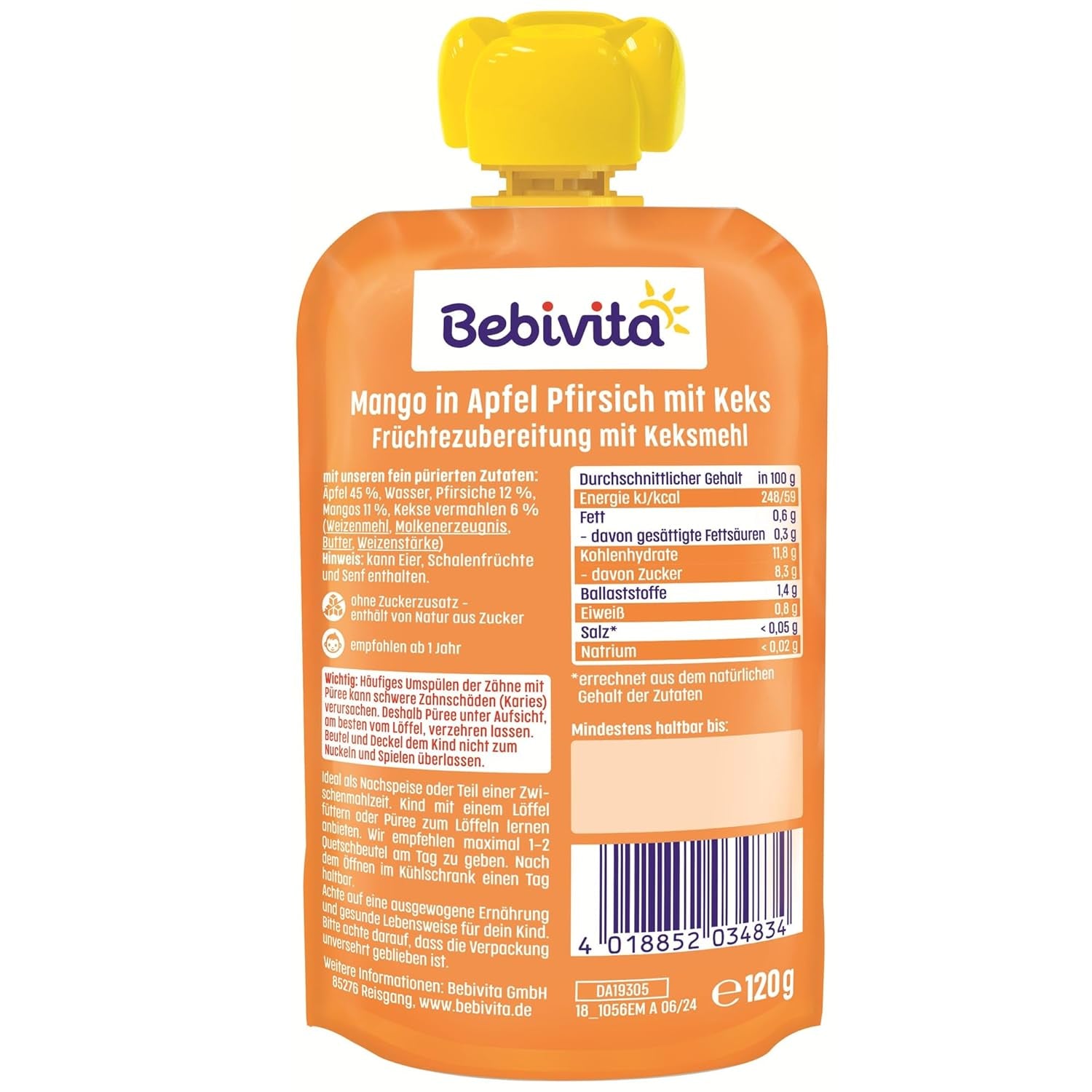 Mango in salsa di mele e pesche con un sacchetto di biscotti (6 x 120g), senza zuccheri aggiunti, a base di frutta delicata e cereali pregiati, ideale per spuntini confezionati e in viaggio.