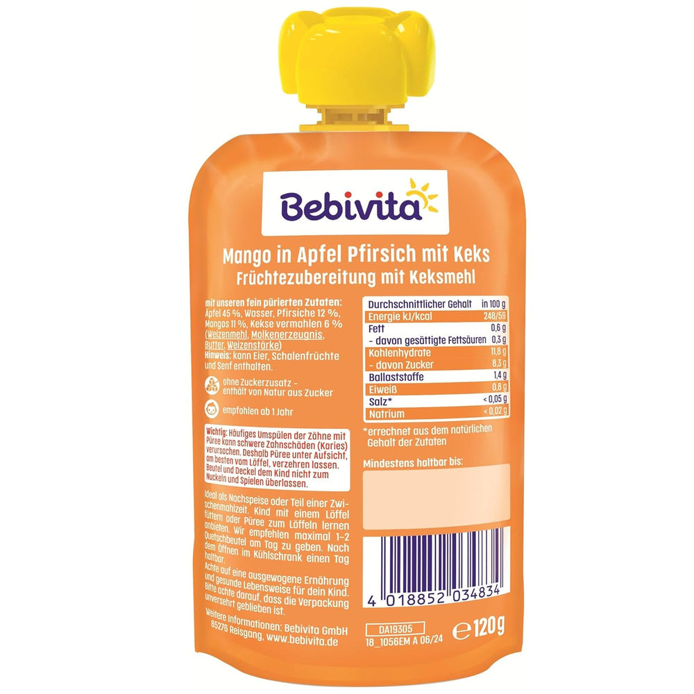 Mango in salsa di mele e pesche con un sacchetto di biscotti (6 x 120g), senza zuccheri aggiunti, a base di frutta delicata e cereali pregiati, ideale per spuntini confezionati e in viaggio.