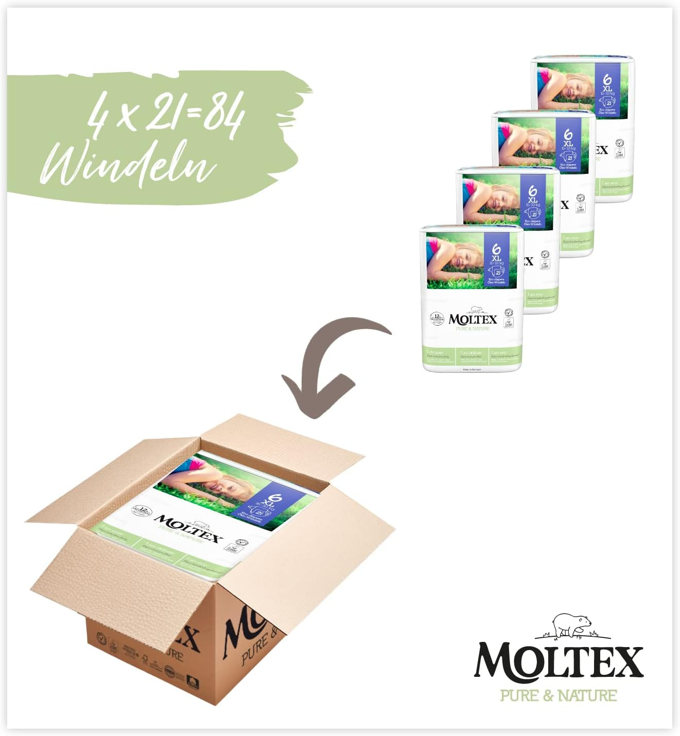 Pannolini biologici Pure & Nature Taglia 6 XL (17-28 kg) Confezione mensile da 84 pannolini biologici