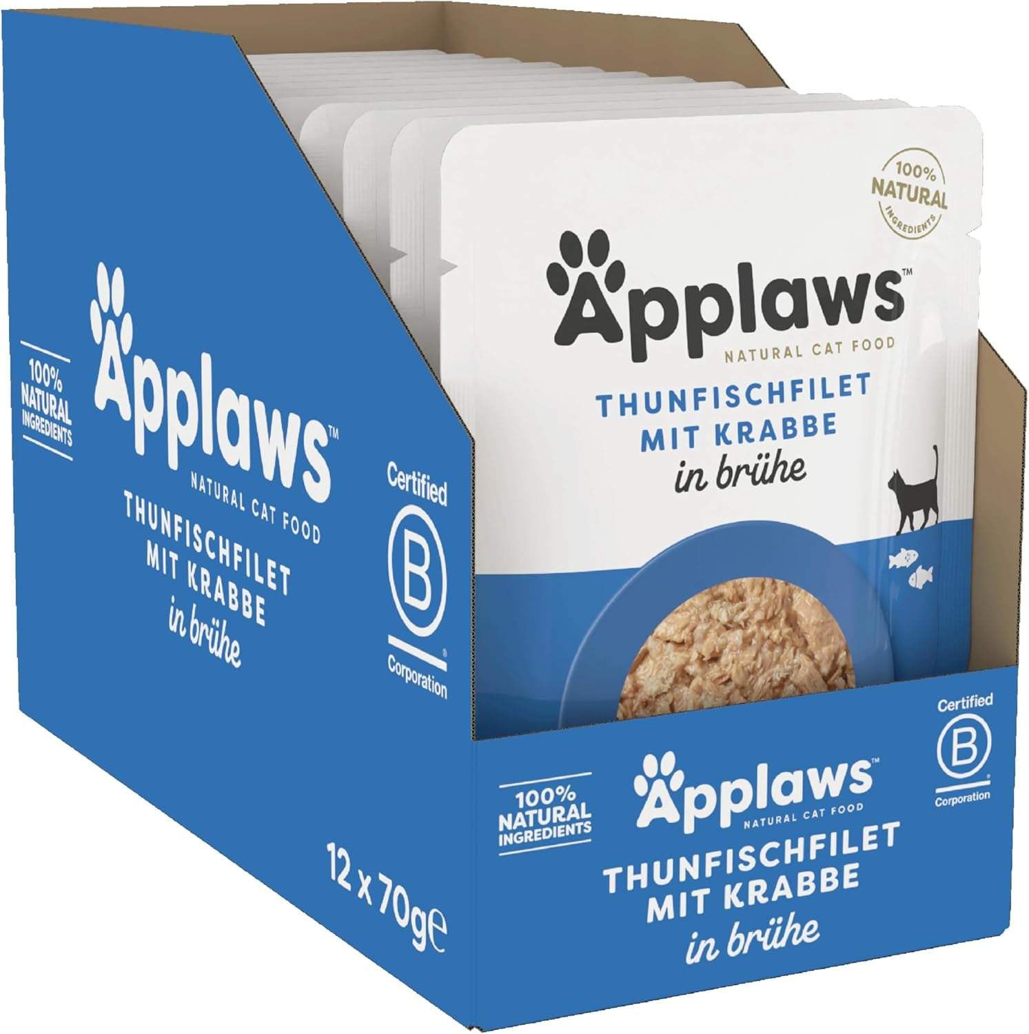 Applaws 100% natürliches Nassfutter für Katzen, Thunfischfilet mit Krabben in Brühe - Packung mit 12 x 70g Beuteln