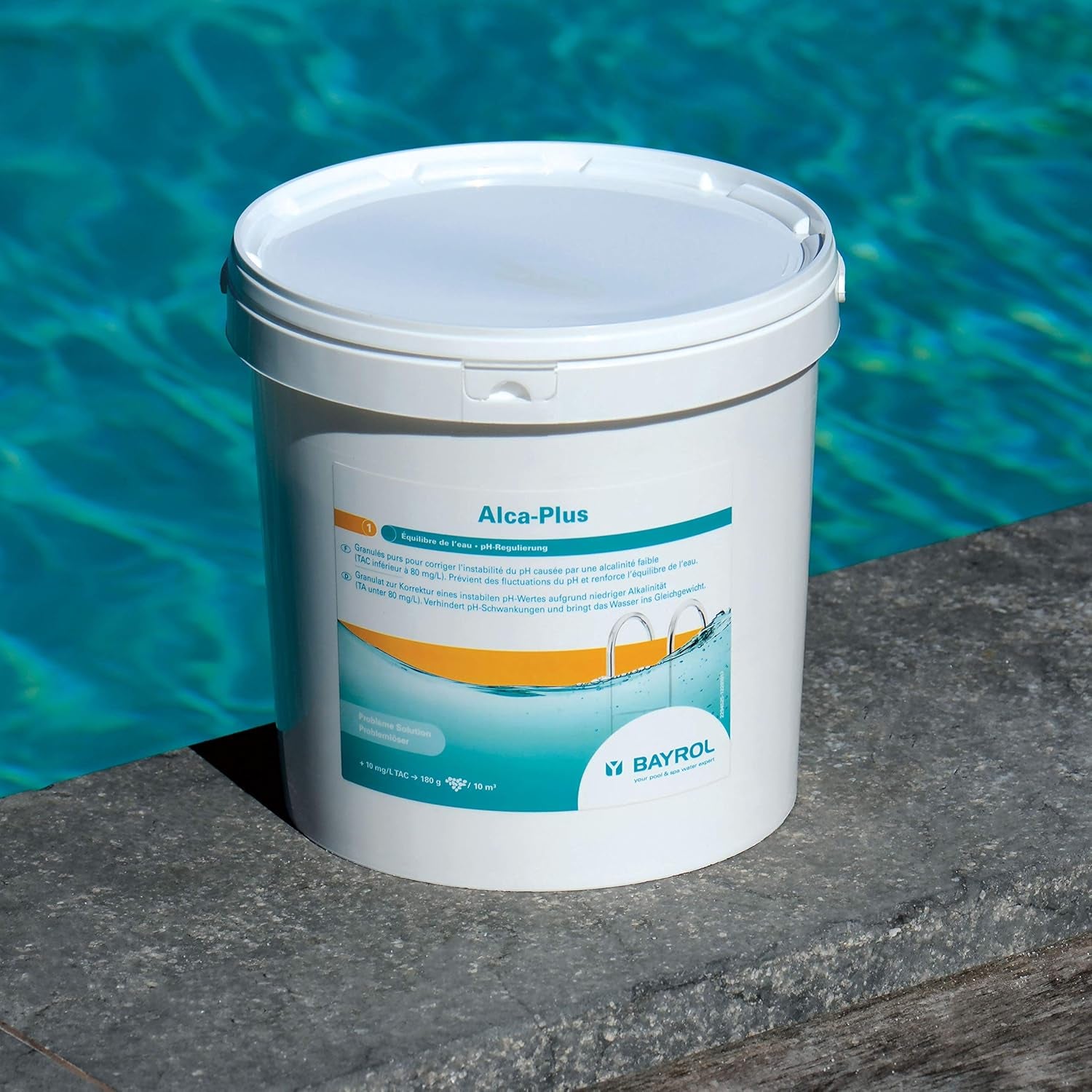 BAYROL e-Alca-Plus - Granuli per la correzione di livelli di pH instabili dovuti alla bassa alcalinità - Il secchio include misurino e sacchetto di plastica con sigillo di sicurezza - 5 kg