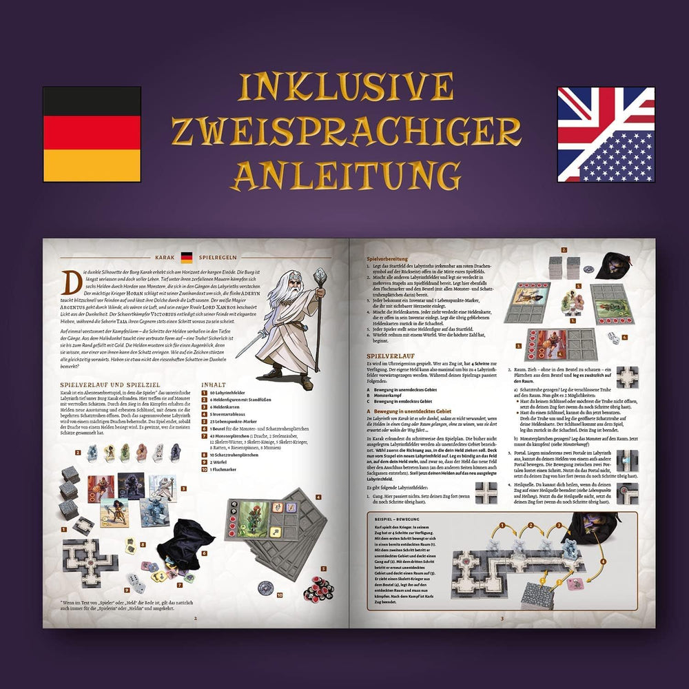 Kosmos 682286 Karak - Inizia l'avventura, gioco avvincente per bambini dai 7 anni in su, 2-5 giocatori, gioco di avventure fantasy, gioco da tavolo con dadi, istruzioni in tedesco, grigio