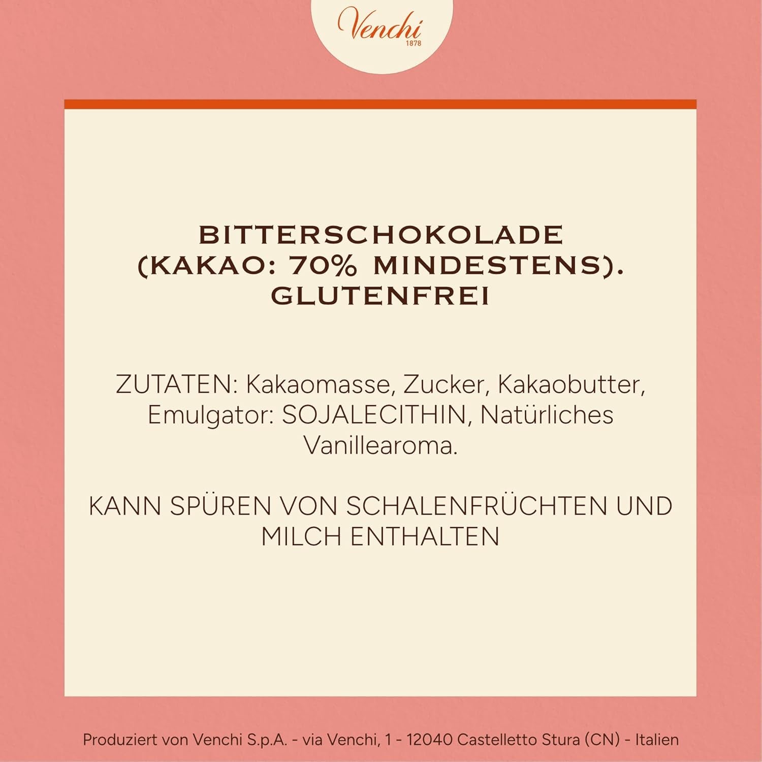 Venchi - Cioccolato fondente 70%, 78 g - Con miscele di cacao selezionate - Senza glutine - Vegan
