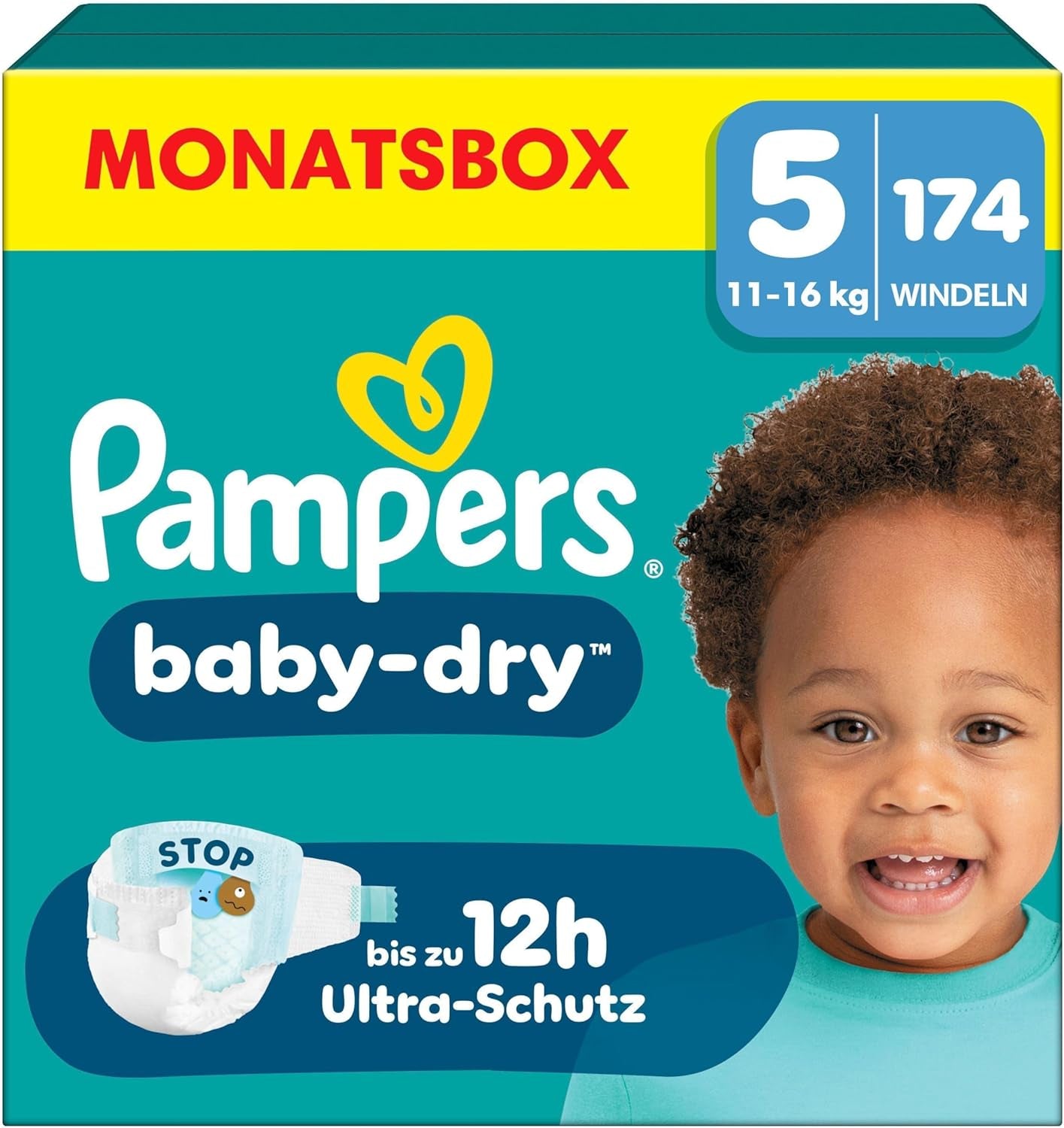 Pannolini Pampers Baby-Dry taglia 5, 174 pannolini, 11 kg - 16 kg, protezione dalle perdite fino al 100% e comfort per tutta la notte