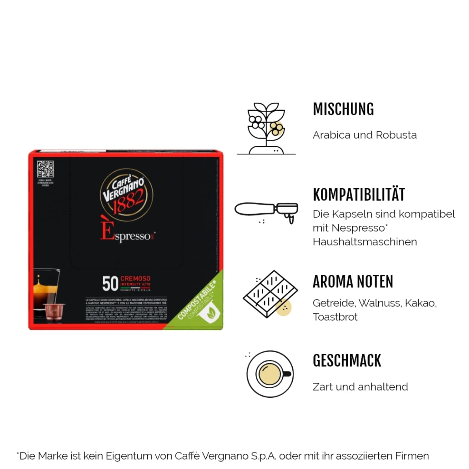 Caffè Vergnano 1882 - Èspresso Kompostierbare Kaffeekapseln, Kompatibel Mit Nespresso, Cremoso (Cremig) - Packung Enthält 50 Kapseln
