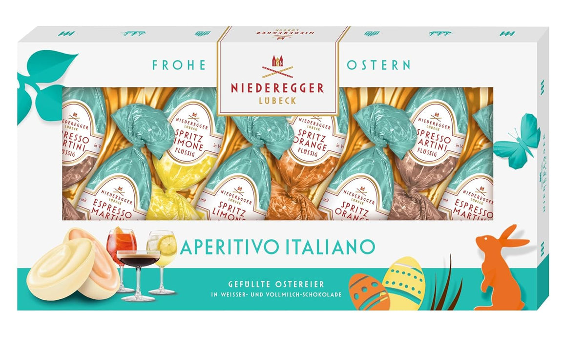 Niederegger | Uova pralinate | Antipasto italiano | 1x100 g | Uova ripiene nei gusti Lemon Spritz, Orange Spritz e Espresso Martini | Ricoperto di cioccolato al latte e bianco | Regalo di Pasqua
