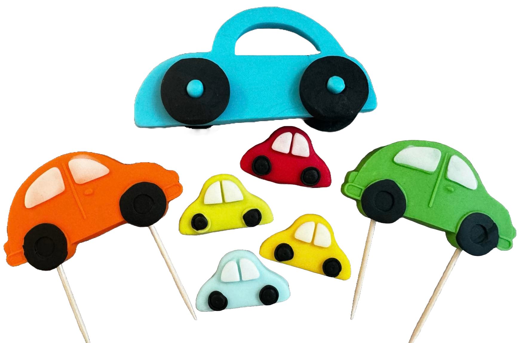 Set 7 decoratiuni comestibile din zahar, Masinute Decoratiuni din Pasta de Zahar Naty Shop