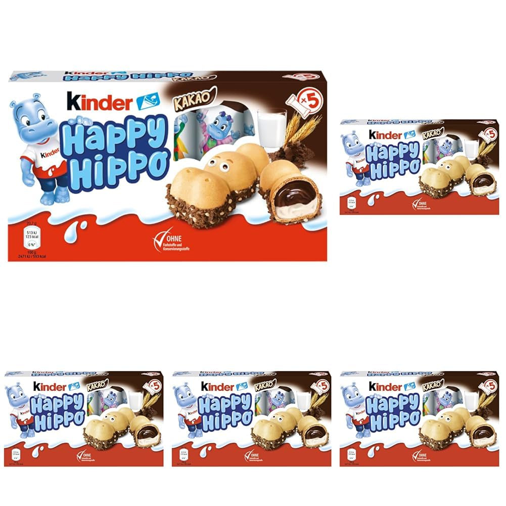 Kinder Happy Hippo Hazelnut - Specialità Wafer Croccanti con Crema di Latte e Nocciole - Dolci di Carnevale e Martedì Grasso - 1 confezione contenente 5 barrette individuali da 20,7g ciascuna