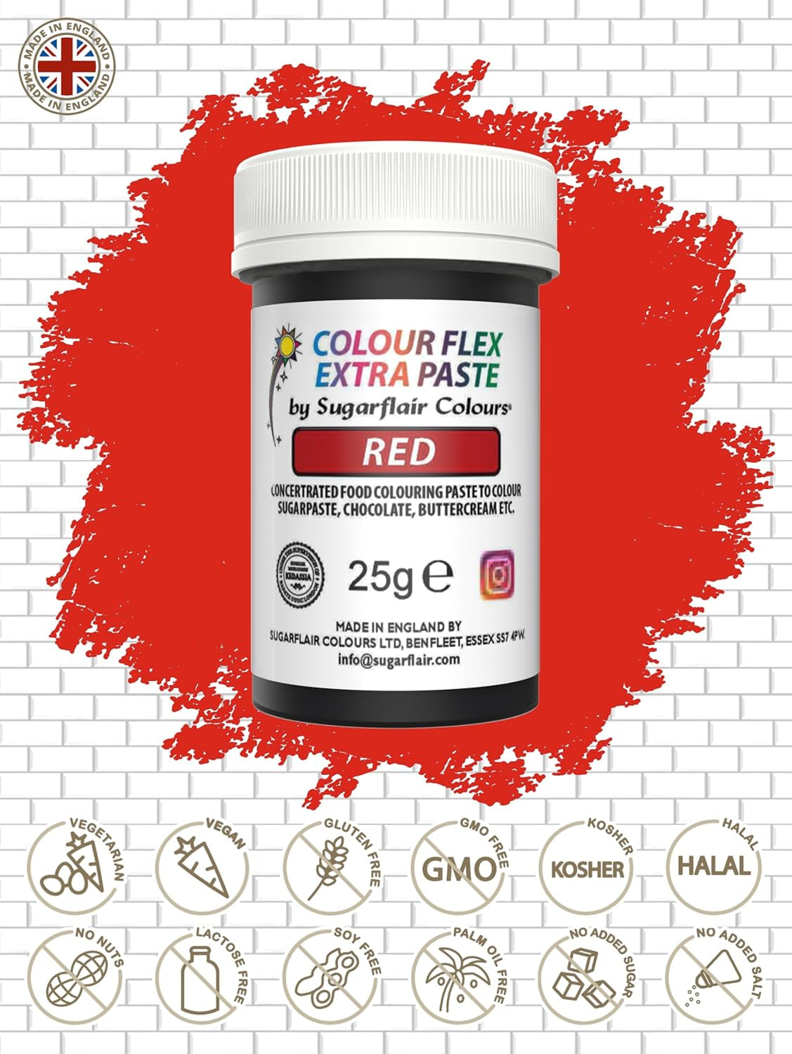 Colorant alimentar Sugarflair Colourflex Extra Paste, roșu - Colorant alimentar comestibil pentru cremă de unt, ciocolată, pastă de zahăr, glazură, fondant, mixuri pentru prăjituri, aluat și multe altele - 25g