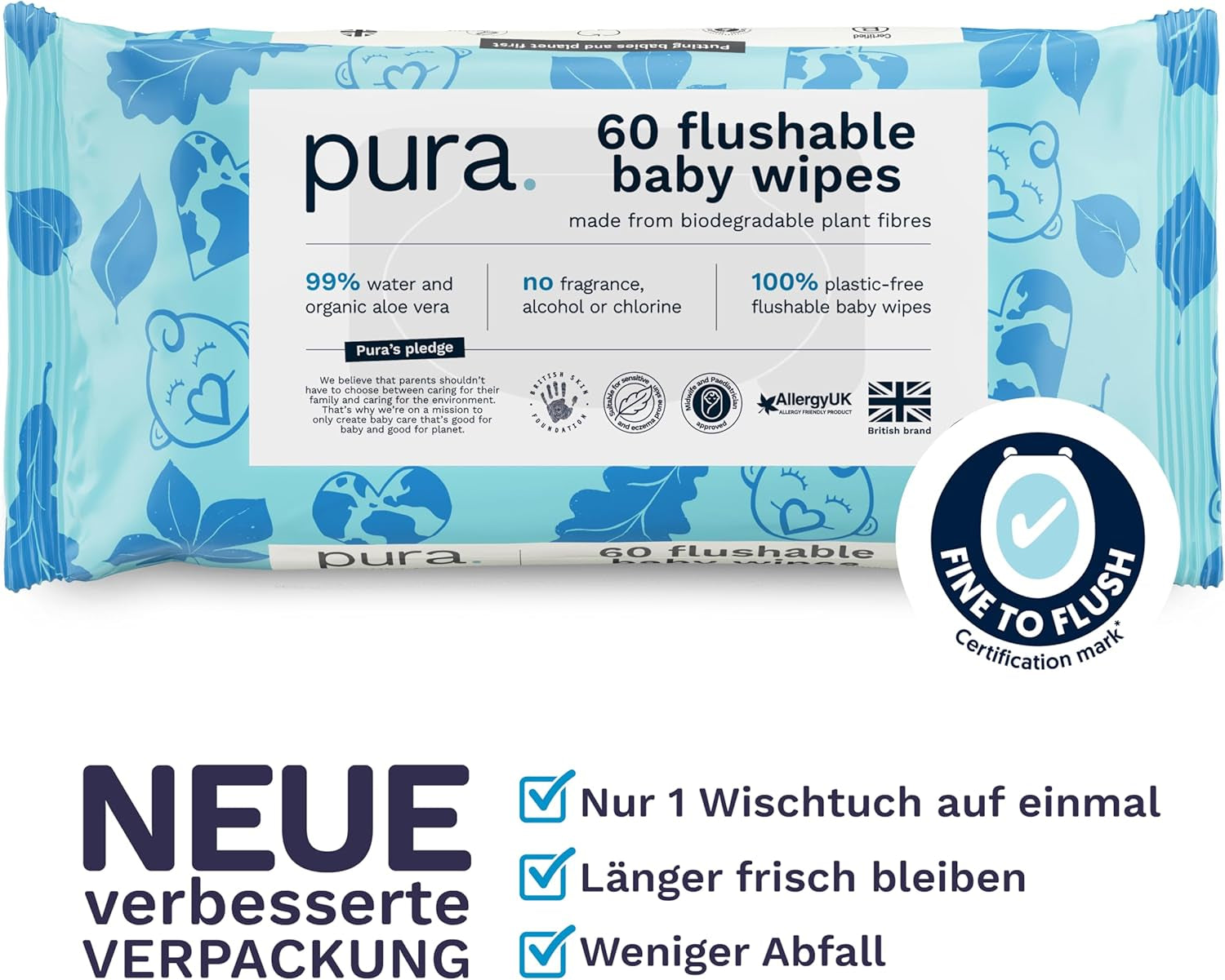 Salviette usa e getta ecologiche per la pelle sensibile del bambino 70 salviette (1 confezione) 99% acqua 100% senza plastica per pelle sensibile incline all'eczema Neonato biodegradabile Vegan