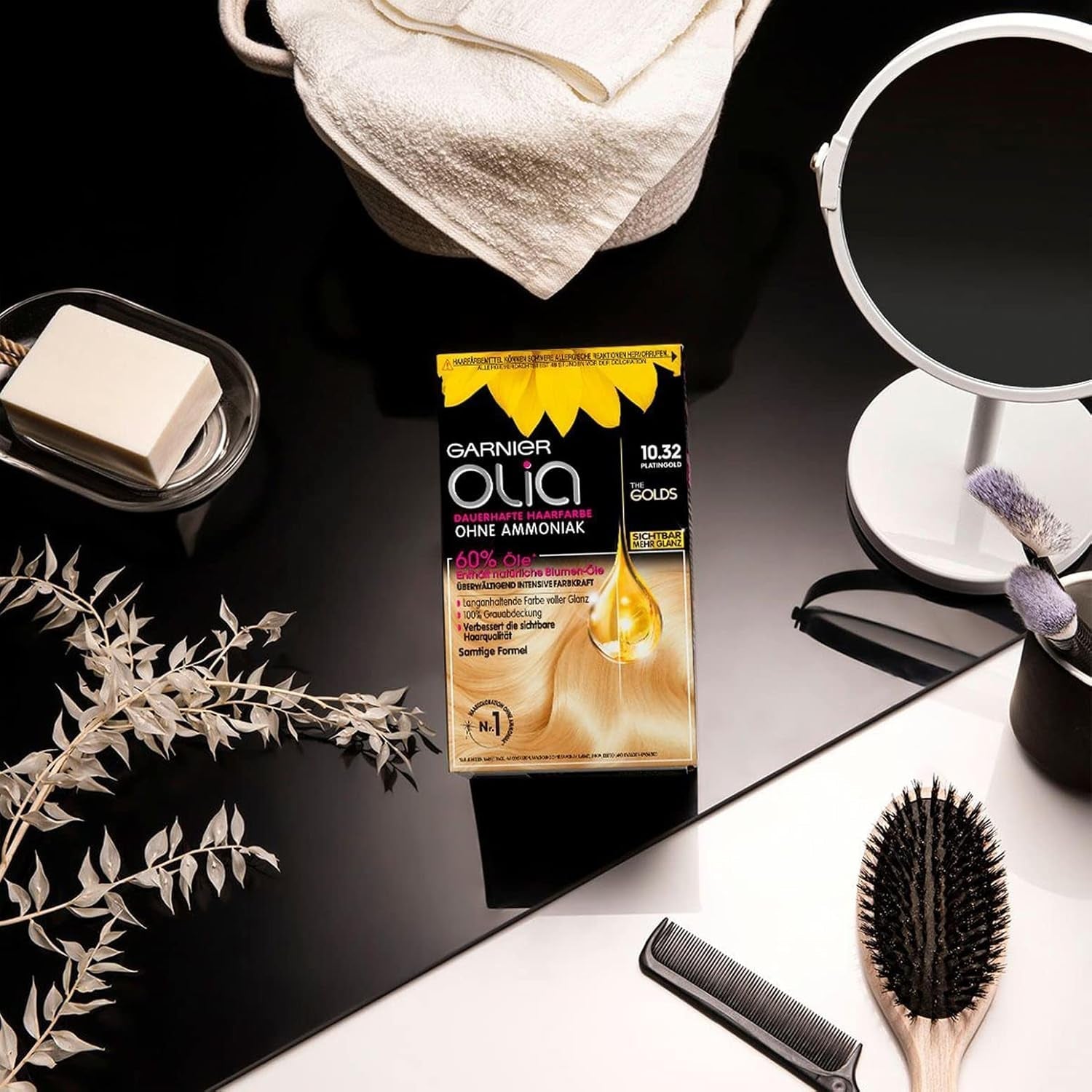Garnier Olia Vopsea de păr permanentă fără amoniac, Vopsea de păr hrănitoare pentru acoperire 100% a părului gri, The Golds, 10.32 Platinum Gold (Blond), 3 bucăți Vopsea pentru par Naty Shop
