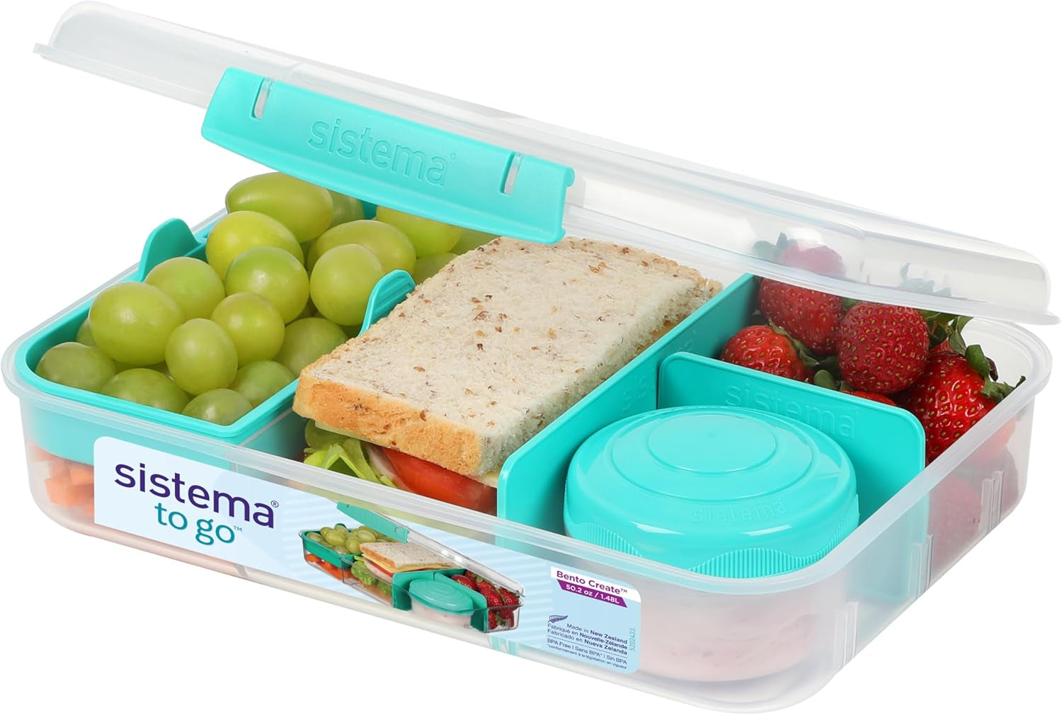 Sistema Bento Box TO GO lunch box cu compartimente | 1.25 L lunch box cu recipient pentru iaurt/fructe | pentru copii și adulți l | BPA-free | Minty Teal [21685-8T], verde mentă Cutii depozitare alimente Naty Shop Minty Teal 1.48 L (Inclus 150 Ml Pot)
