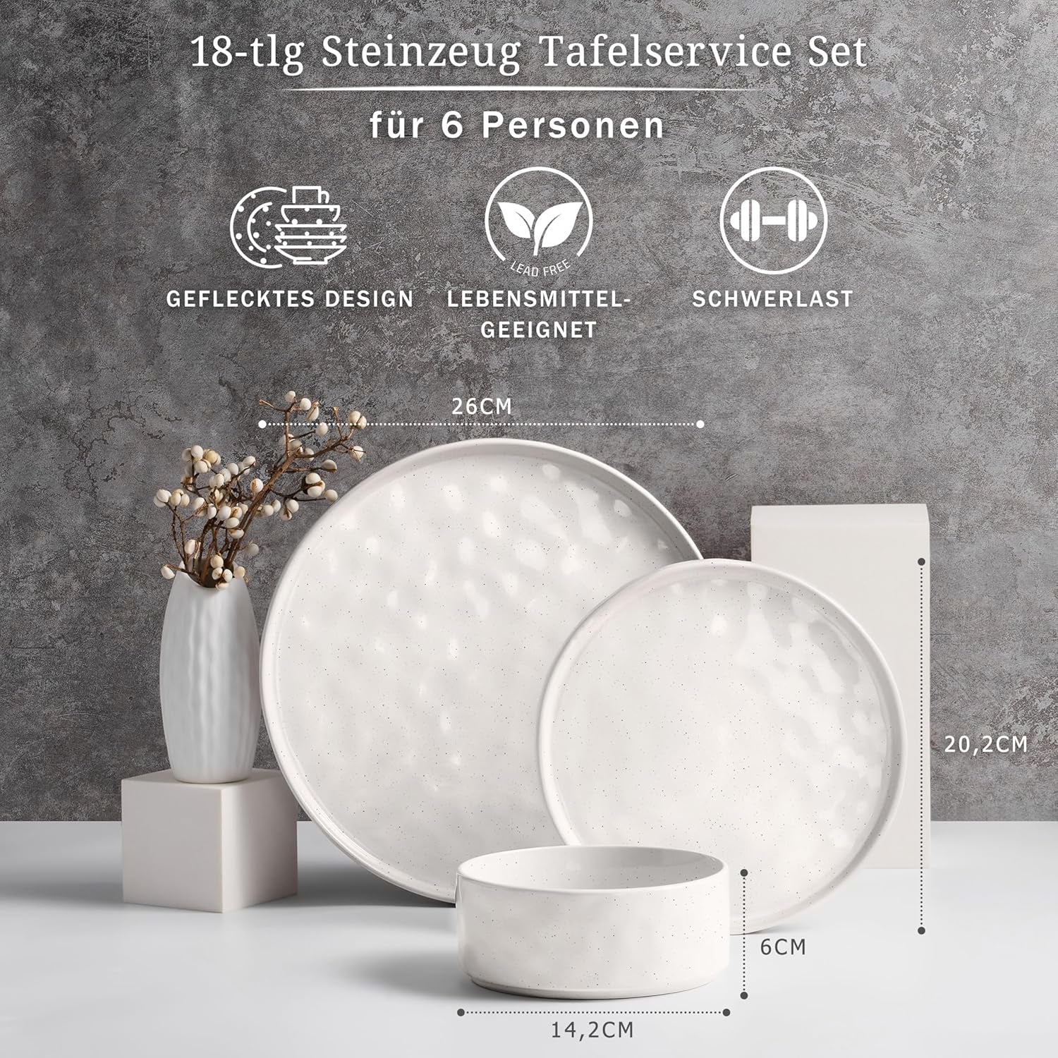 Set de veselă pentru 6 persoane, set de veselă din gresie cu 18 piese, set de farfurii glazurate cu glazură reactivă, farfurii de cină, farfurii de desert și boluri pentru cereale, potrivit pentru cuptorul cu microunde și mașina de spălat vase, alb pătat