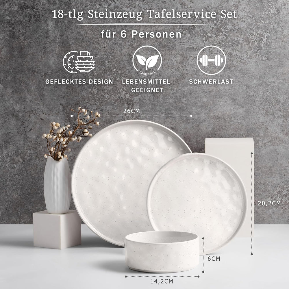 Set de veselă pentru 6 persoane, set de veselă din gresie cu 18 piese, set de farfurii glazurate cu glazură reactivă, farfurii de cină, farfurii de desert și boluri pentru cereale, potrivit pentru cuptorul cu microunde și mașina de spălat vase, alb pătat