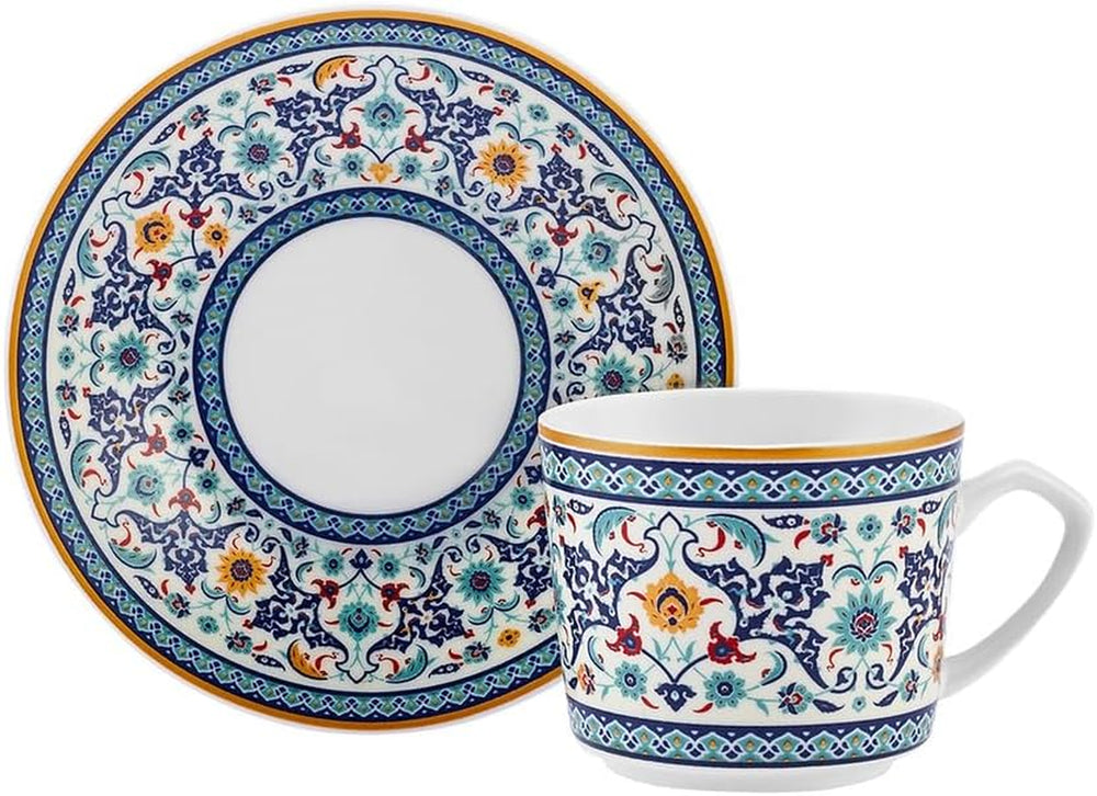 KARACA Beylerbeyi - Set de cești de cafea turcească, 12 piese, Set de 6 cești de espresso din porțelan cu farfurioare, Set de cești de espresso de 80 ml, Design tradițional - Albastru