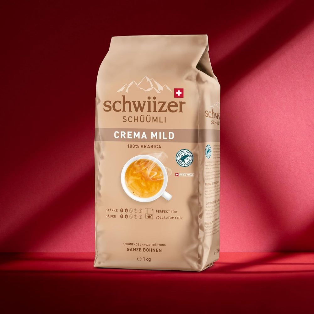 Schwiizer Schüümli Crema Mild, boabe de cafea Arabica 100% premium, fructate și cu aromă de nucă, pentru aparate de cafea complet automate, tărie 2/5, prăjire ușoară, certificat Rainforest Alliance, 1kg (pachet de 2)